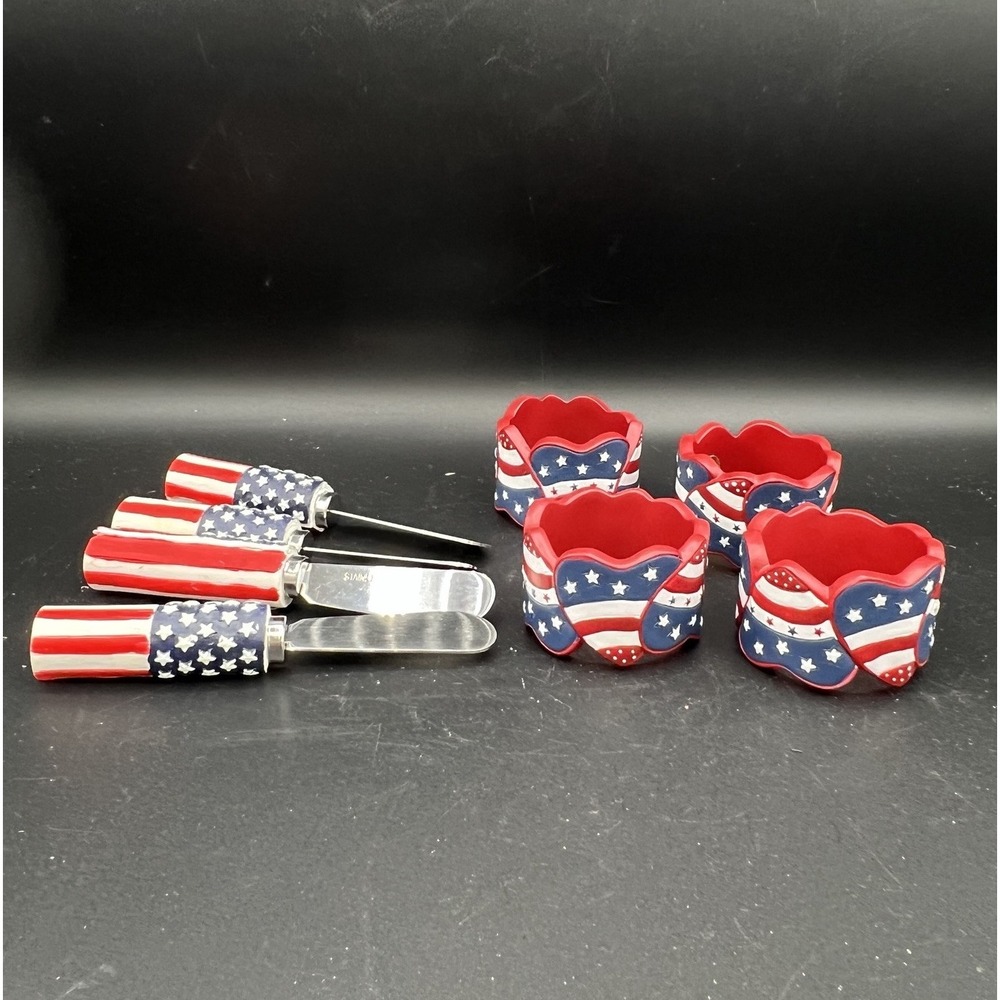 Patriotic Hearts FLAG Plastic Napkin 4 Rings and 4 Knives Spreaders ~‎ Set of 8
